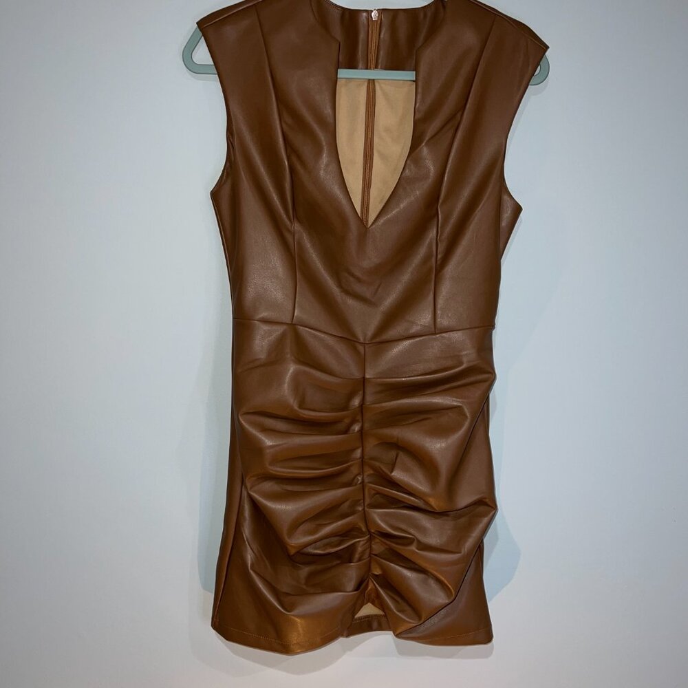 Micas Ruched Faux Leather V-Neck Bodycon Mini Dress Brown Size M - Picture 3 of 15